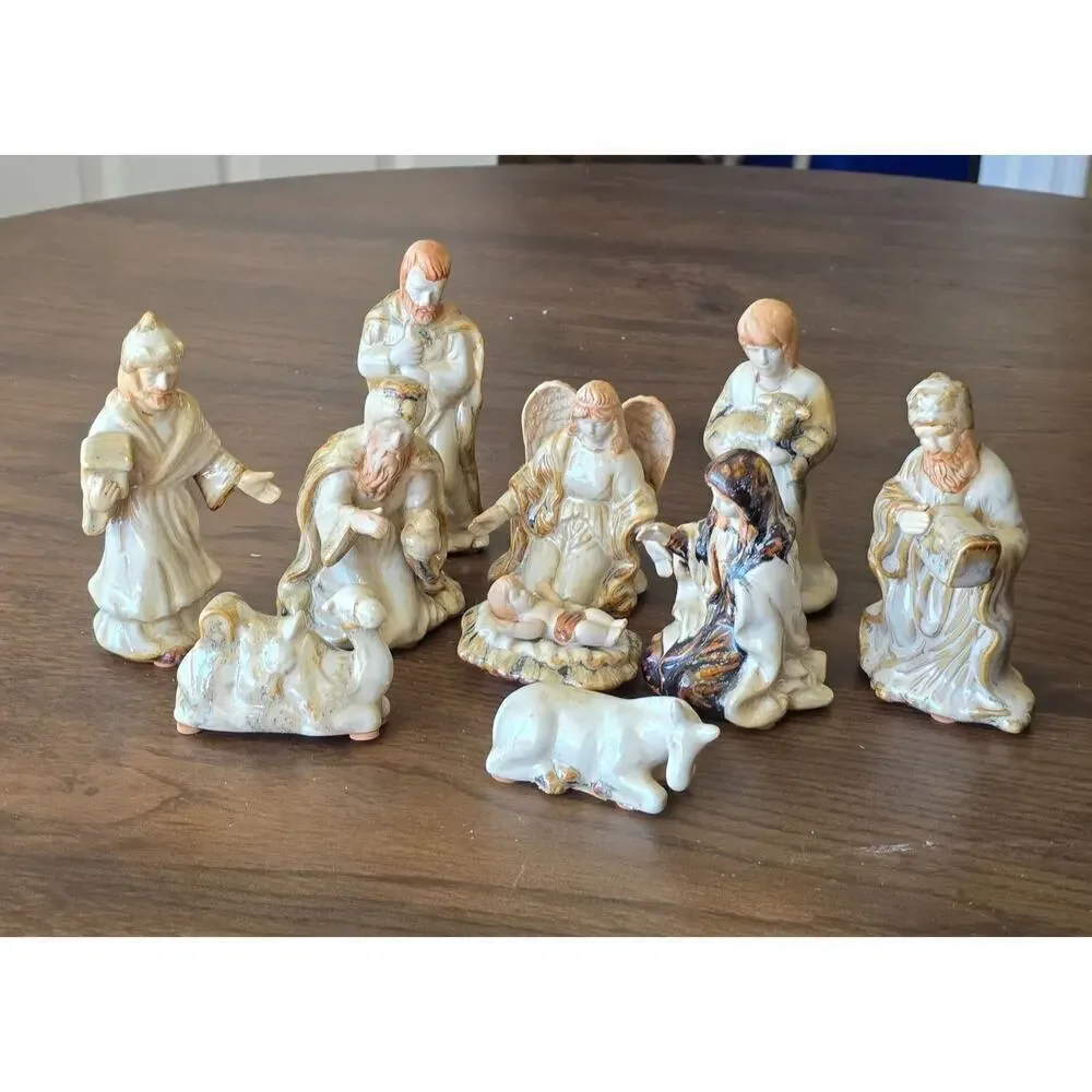 Vintage Nativity Scene Figurines 9-Piece Set Hand-Painted Ceramic Religious Chri